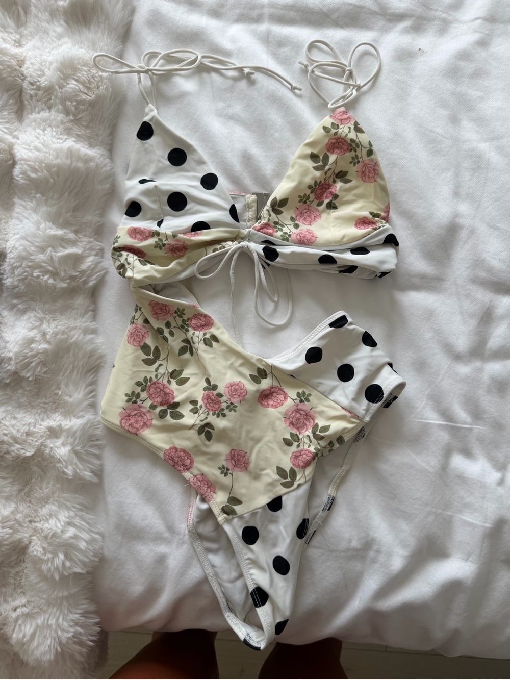 For Love And Lemons Cream Floral & Black Polka Dot Bandeau Bikini